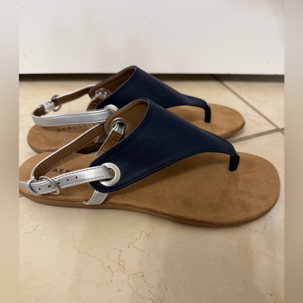 Aerosoles In Conchlusion Navy Silver Thong Slingback Sandals Womens 8.5 M